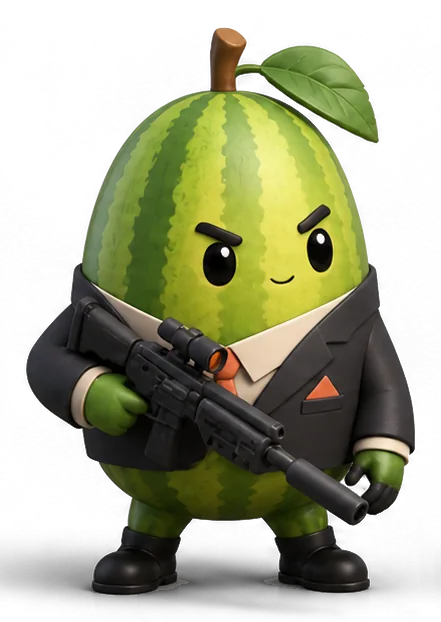 Agent Melon, a watermelon special agent in a charcoal suit, holding a rifle